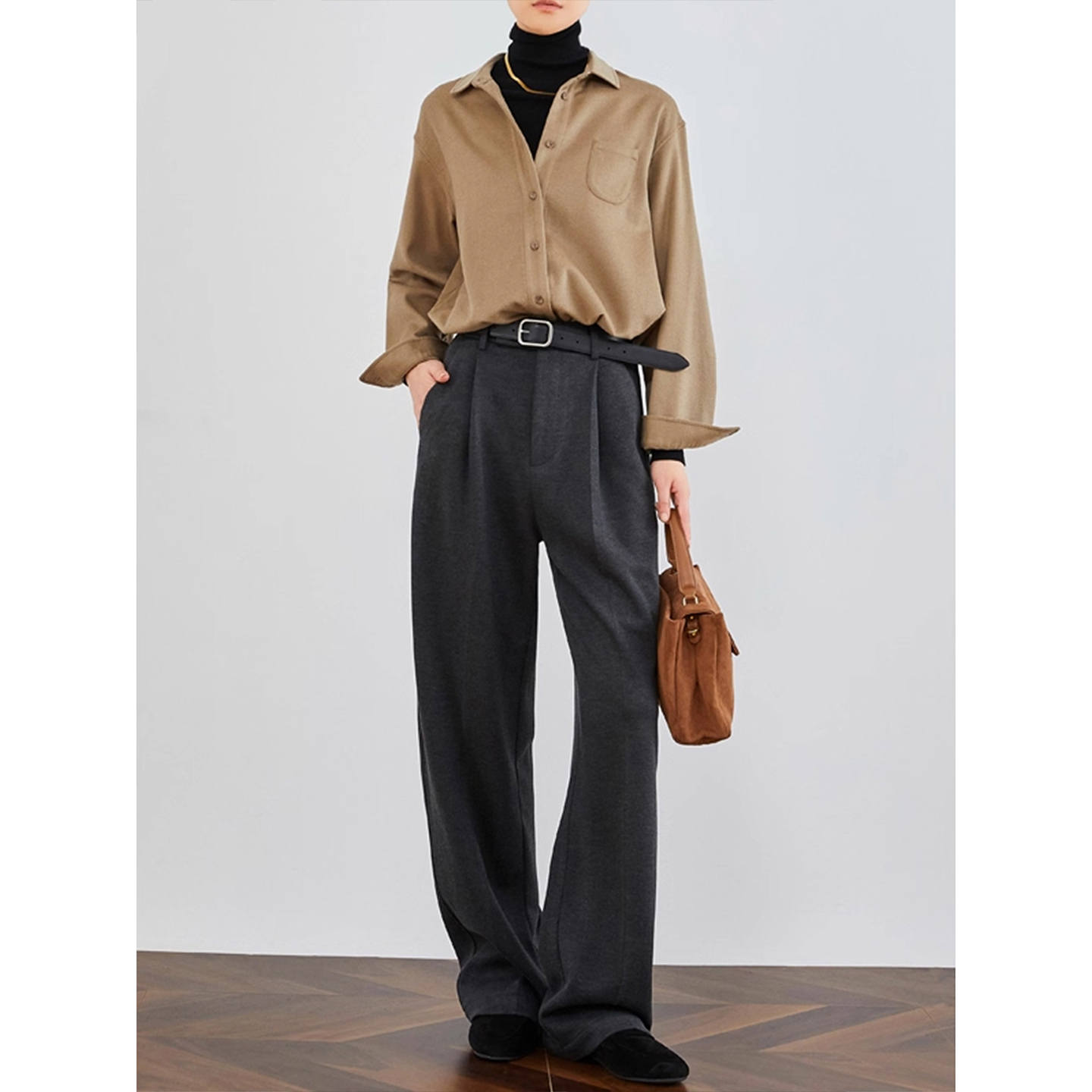 高个子加长灰色毛呢西装裤女2025秋冬新款高腰宽松垂感休闲阔腿裤 - 图1