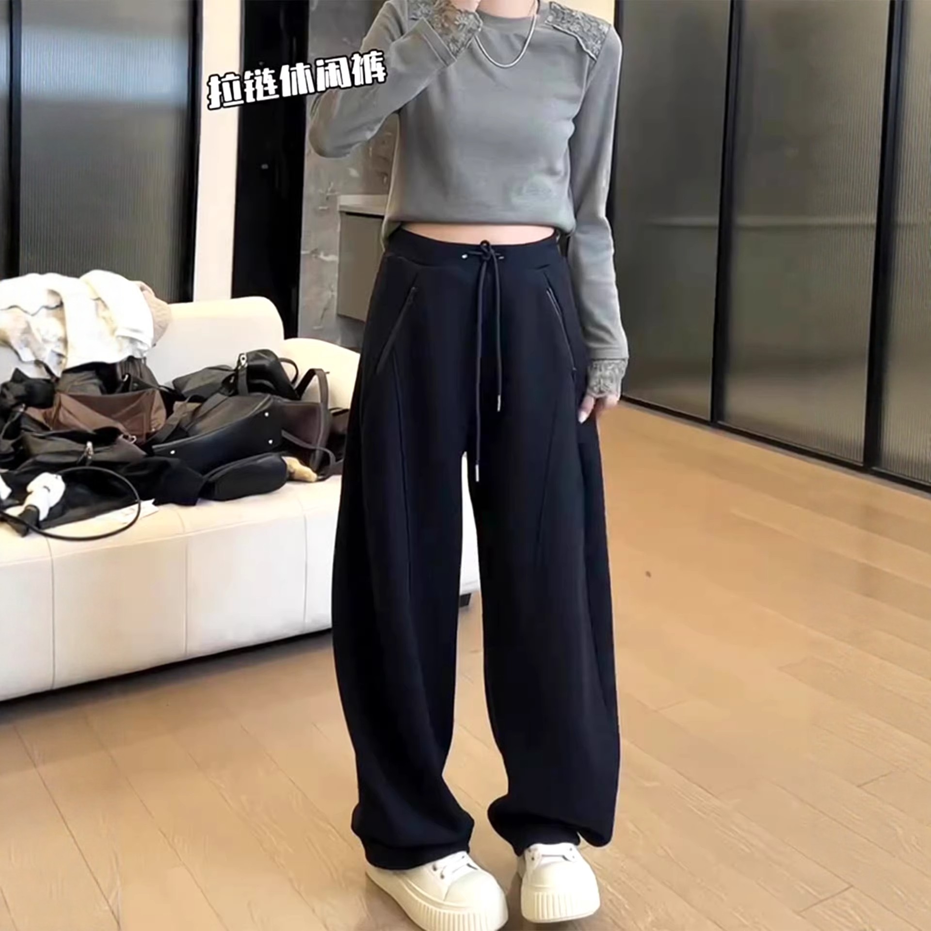 高个子加长藏青色弯刀阔腿裤女2026春秋新款高腰宽松抽绳运动卫裤,淘宝优惠券,粉丝福利购,淘宝优惠卷