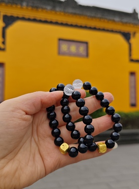 文殊院黑曜石手串10mm圆珠白水晶回纹珠四方财神转运珠成都直发