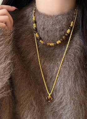 天然虎眼石美拉德风长款毛衣链项链女秋冬轻奢高级感双层叠戴颈链