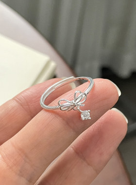 银蝶坠星 韩系ins风蝴蝶结戒指女S925纯银2026新款简约可调节指环