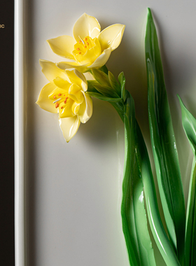 夫己纯手工陶瓷花花世界之长方形瓷板水仙花竖版双枝卧室摆件