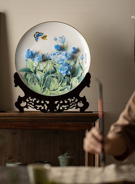 手工陶瓷手绘蓝郁金香盘客厅摆件