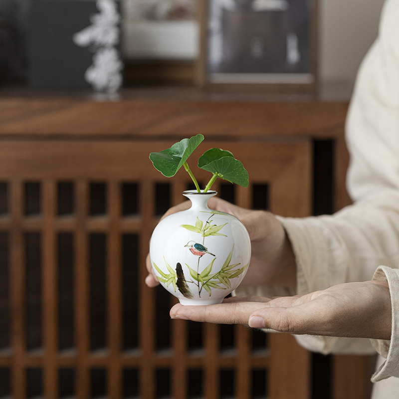 景德镇手绘竹叶小鸟花器居家摆件手工花瓶【赠干花】 摆书桌 中式