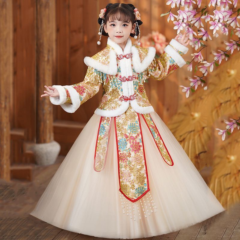汉服冬款2025女童棉袄冬季加绒加厚拜年服拜年服儿童连衣裙 - 图2