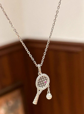 新款v金材质保色爆闪欧美满钻网球拍粉钻吊坠项链女轻奢高级感