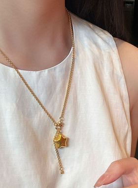 高品质真金电镀折纸星星吊坠新中式复古流苏项链女毛衣链配饰