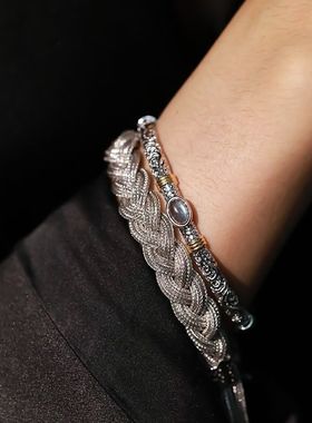 新款高品质金银撞色灰月光唐草纹开口手镯女高级感冷淡风手环