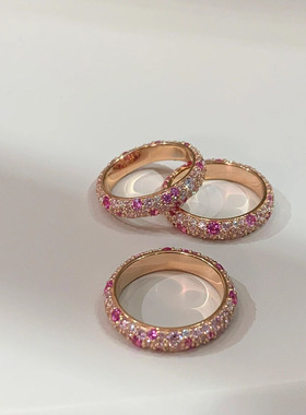 真金电镀保色玫瑰金色渐变蜜桃粉白钻密镶圆珠叠戴戒指