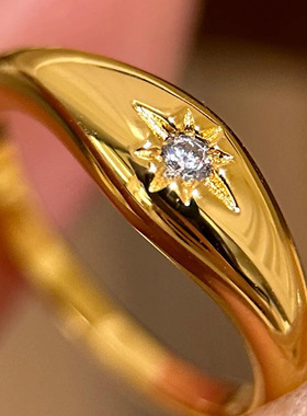 v金材质厚金电镀星芒六芒星尾戒2025新款Vintage黄金点钻戒指女