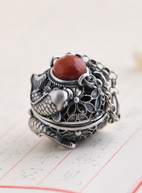 镂空香囊球吊坠可打开装东西香丸空心古风锦鲤复古纯银嘎乌盒随身