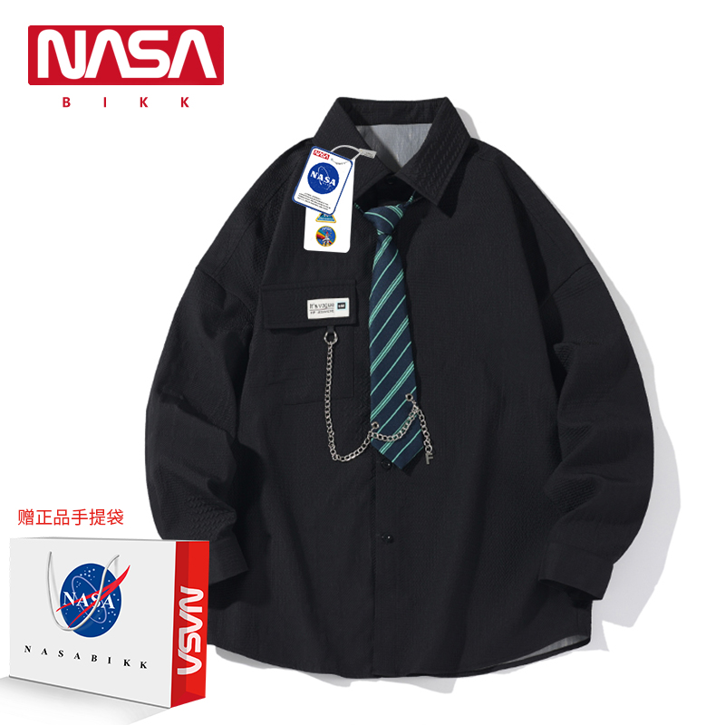 NASA BIKK长袖衬衣日系男女情侣款2023新款学院风宽松百搭dk衬衫-图0