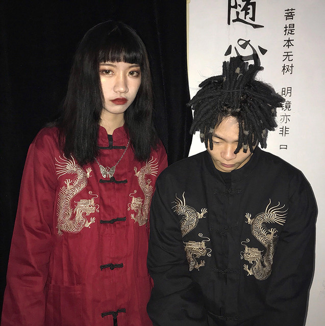 Autumn and winter Oversize Harajuki Diablo Sabe He Long Embroidered Jacket Diablo Thin Town Shirts