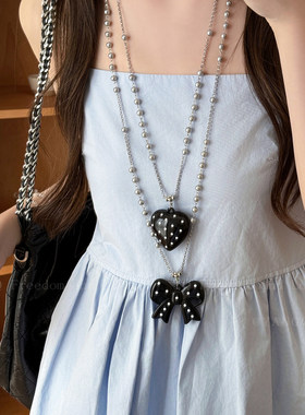 韩系黑色波点蝴蝶结珍珠毛衣链