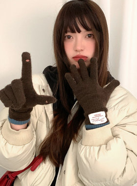 红色可触控屏幕针织保暖手套女