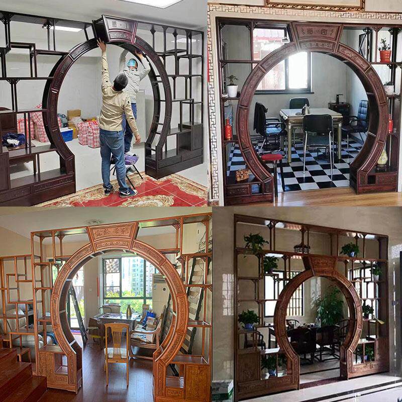 客厅月洞门实木博古架中式仿古月亮圆拱门隔断玄关柜多宝阁背景墙 - 图0