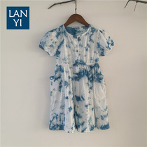 Blue Dye Dress Girl Princess Dresses Princess Dresses Short Sleeves Yunnan Big Haircut White People Handmade and Dyed Dresses children