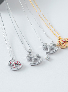 蛮文 马上有钱 招财小木马925纯银+莫桑钻时髦高级镶钻项链锁骨链