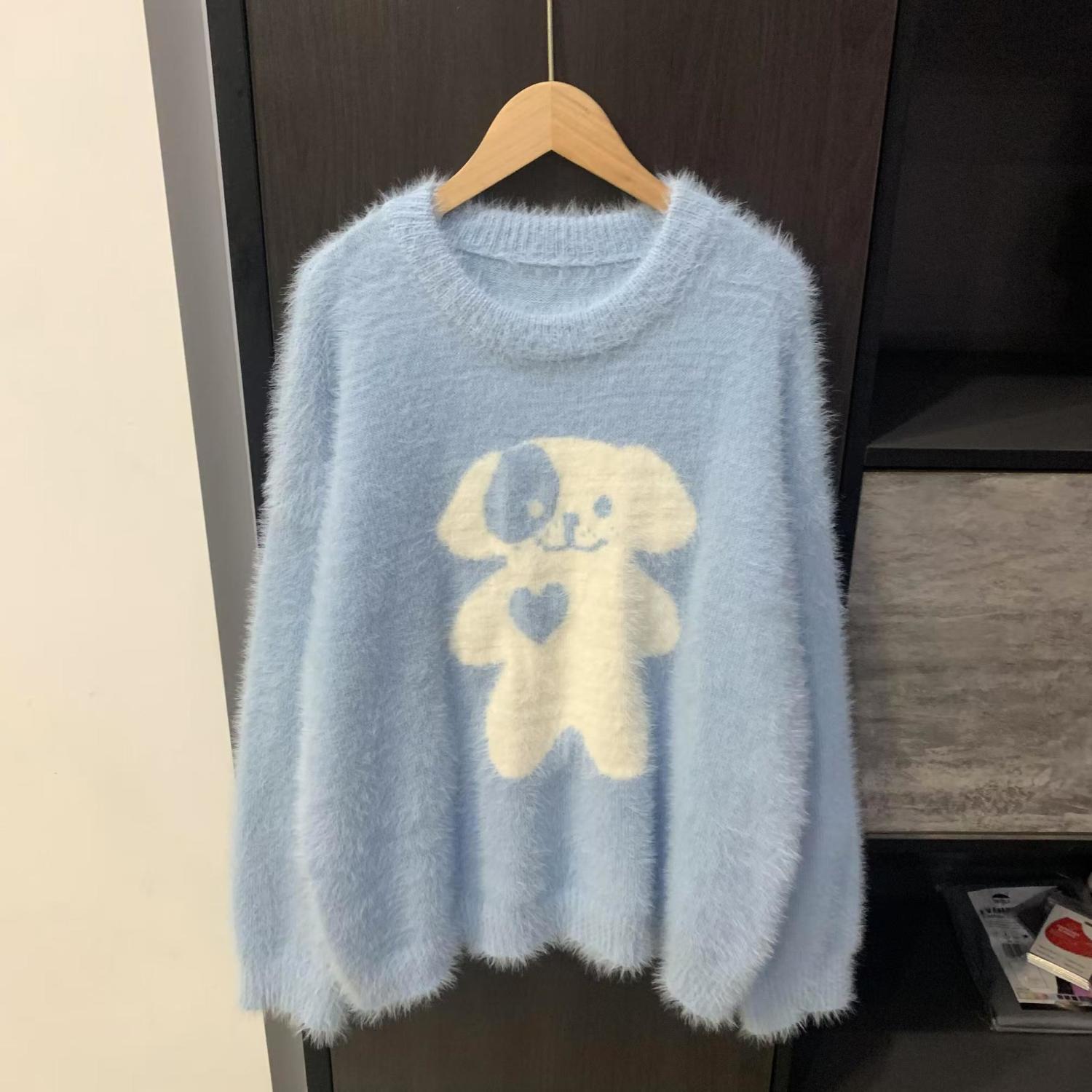 奶蓝色甜美慵懒风可爱小狗圆领毛衣女秋冬季软糯减龄宽松针织上衣 - 图1