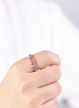 S925银戒指复古祥云纹镶南红松石银饰女款指环开口轻奢个性饰品