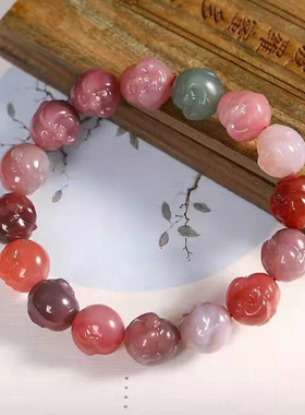 盐源玛瑙手链冰种老料 糖果色七彩雕刻大肚弥勒佛玛瑙手链手串