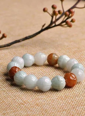 天然翡翠手链莲花珠手链三彩 缅甸玉石手链男女款情侣款13mm