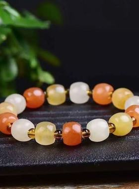 五彩金丝玉手链 天然石英岩玉手链 桶珠款式石榴石配珠