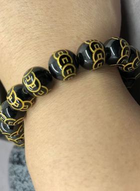 天然黑色玛瑙手链铜钱珠子 黑色玛瑙圆珠手链