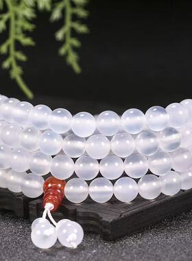 天然玉髓冰透白玛瑙手链佛珠108颗多圈手串真玉石玛瑙项链