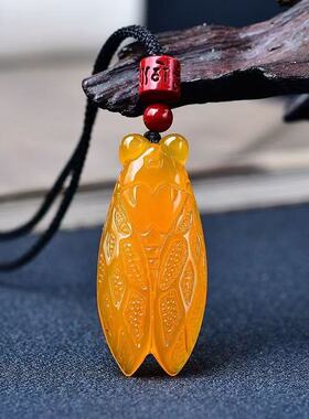 天然冰种黄玛瑙蝉吊坠男女款玉石知了项链挂件