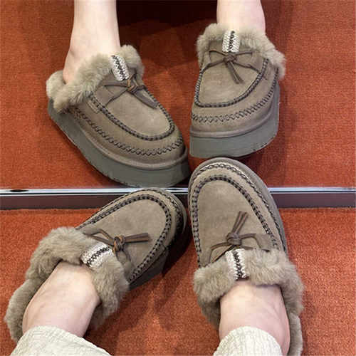 阿尔派皮毛一体包头毛毛拖鞋女外穿2024冬厚底保暖半拖棉鞋雪地靴 - 图0