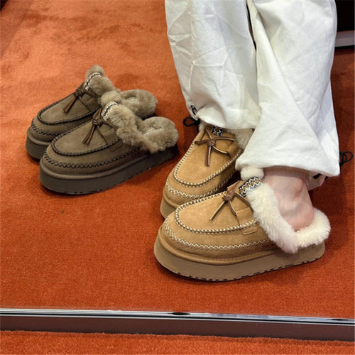 阿尔派皮毛一体包头毛毛拖鞋女外穿2024冬厚底保暖半拖棉鞋雪地靴 - 图2