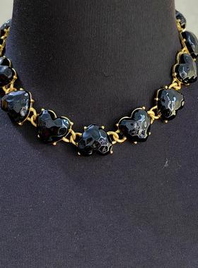 青岛中古vintage黑金手工琉璃桃心项链夸张流苏耳钉套装中古欧美