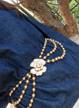 青岛中古vintage珍珠黑色山茶花多层珐琅彩手工腰链琉璃珍珠耳饰