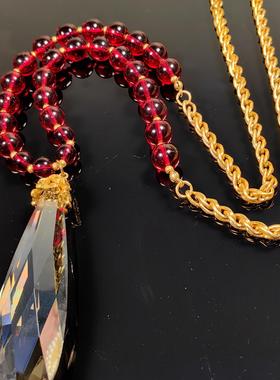 红色中古气质水晶吊坠毛衣链琉璃
