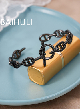 白狐狸现代简约黑色微镶锆石猪鼻子开口手镯女轻奢时尚百搭手环