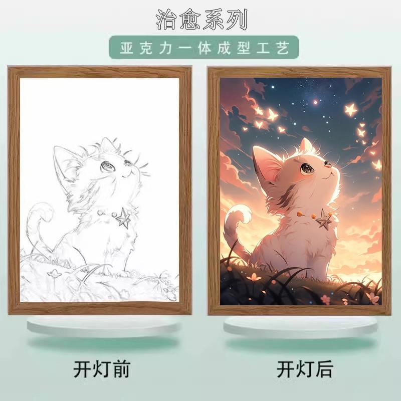 温馨猫咪灯光画可爱治愈小夜灯创意镜子素描画小猫床头灯猫萤火猫 - 图1