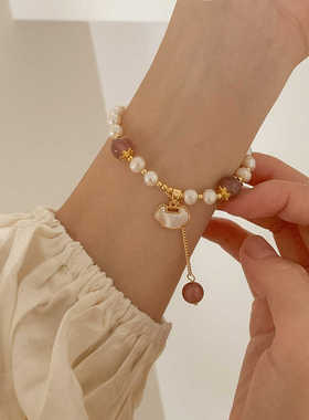 轻奢复古新中式平安锁天然珍珠贝母手链女国风设计师小众手环手饰