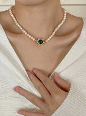 2024轻奢项链天然淡水珍珠海蓝宝