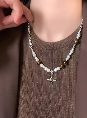 2026秋冬美拉德风复古拼接虎眼石珍珠十字项链小众高级感个性时尚