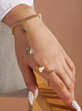Vintage Punk Butterfly Ring With Bracelet Link Wrist Chain
