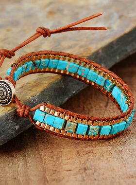 New Women Wrap Bracelets Turquise Stones Gold Chain Woven Wr