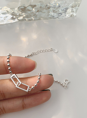 Sterling Silver Geometric Square Round Bead Bracelet For