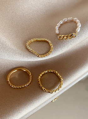 Chain Pearl Ring for Women Temperament Simple Gold Color