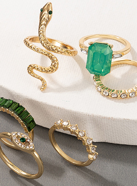 docona 6pcs/set Luxury Green Rhinestone Rings for Women