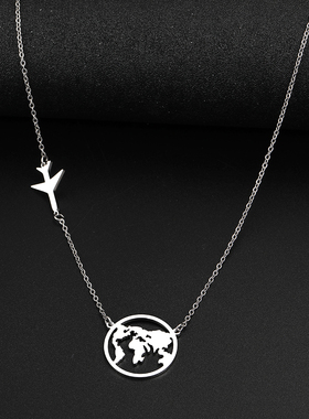 Stainless Steel Necklaces Airplane Globe Map Traveler