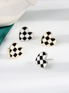 Autumn and winter new love checkerboard earrings niche desig