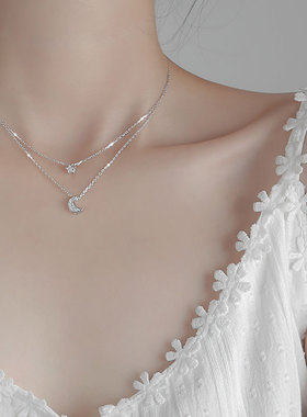 S925 Sterling Silver Necklace for Women Star Moon Double