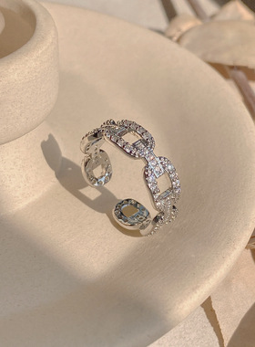 Silver Color Lock Chain Adjustable Rings with Bling Zircon