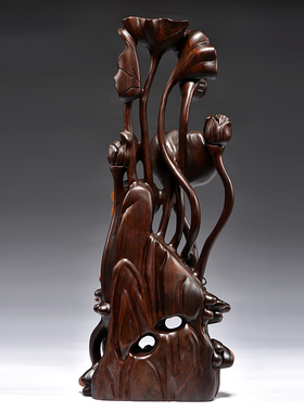 黑檀木雕年年有鱼荷花根雕新中式摆件家居玄关装饰工艺品乔迁送礼